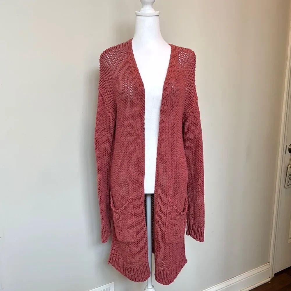 Free People Women's Open-Front Knit long Cardigan Sweater - Pink size large